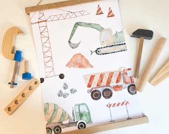 Poster construction site A3 | Print | Children's poster | Art print | Children's room | child | Baby | Illustration | Vehicles | Excavator || HEART & PAPER