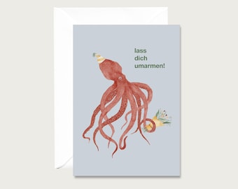 Birthday card "Let me hug you" G_42 - Birthday folding card | Octopus | Squid | Watercolor || HEART & PAPER