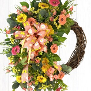 Daisy Spring Wreath: Yellow, Pink, Coral Flowers with Butterfly