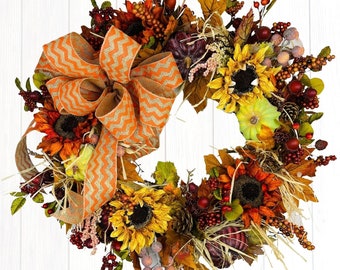 Fall Wreath, Fall Door Hanger, Farmhouse Fall Wreath, Fall Porch Decor, Fall Wreath For Front Door, Pumpkin Wreath, Fall Porch Wreath