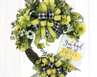 Summer Wreath, Summer Door Wreath, Front Door Wreath, Mother's Day Wreath, Wreath for Front Door, Yellow and Black Wreath, Sweet Tea Wreath