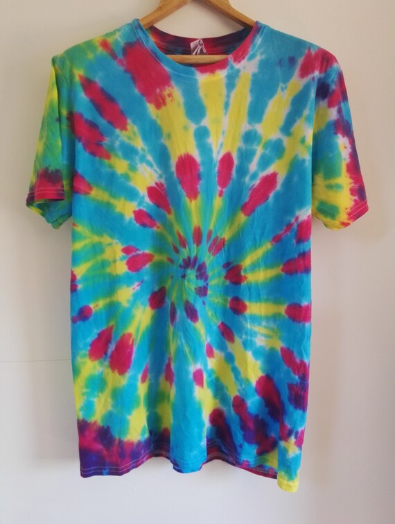 red blue yellow tie dye shirt