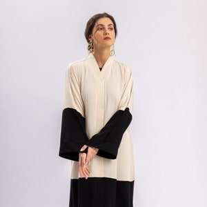 Beige Black Open Abaya with Belt