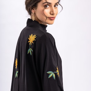 Black Gold Floral Embroidered Open Abaya with Belt