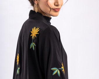 Black Gold Floral Embroidered Open Abaya with Belt