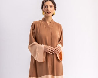 Beige Peach Open Abaya with Belt