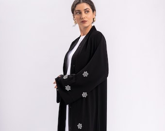Black Floral Open Abaya with Belt