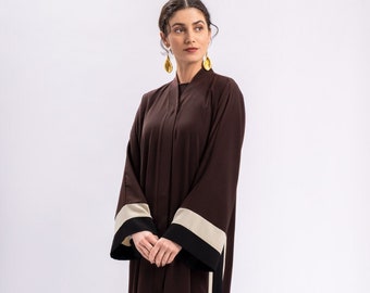 Brown Stripe Open Abaya with Belt