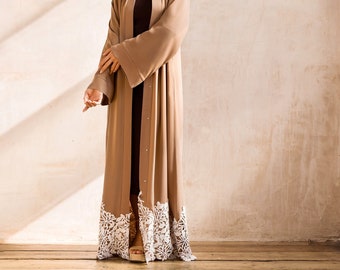 Brown Lace Open Abaya with Belt