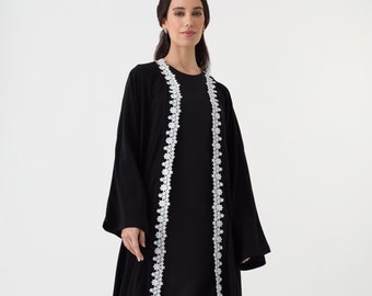 Black White Open Abaya With Belt