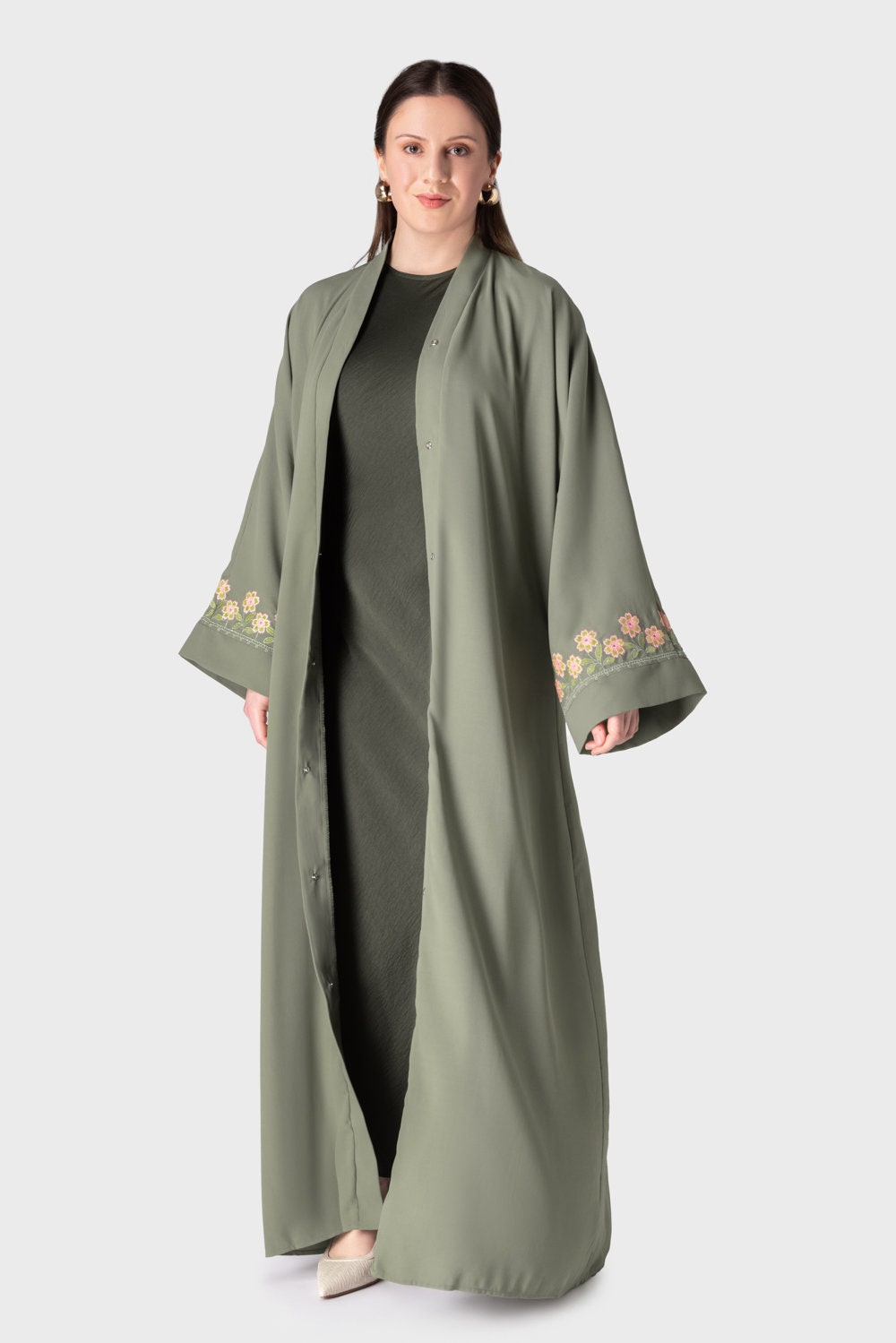 Modern Smoking sleeve abaya with pleats at the chest In the Shade Sage Green