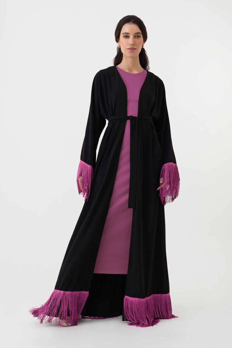 Black Linen Kimono Abaya with Off-White Trim and Belt