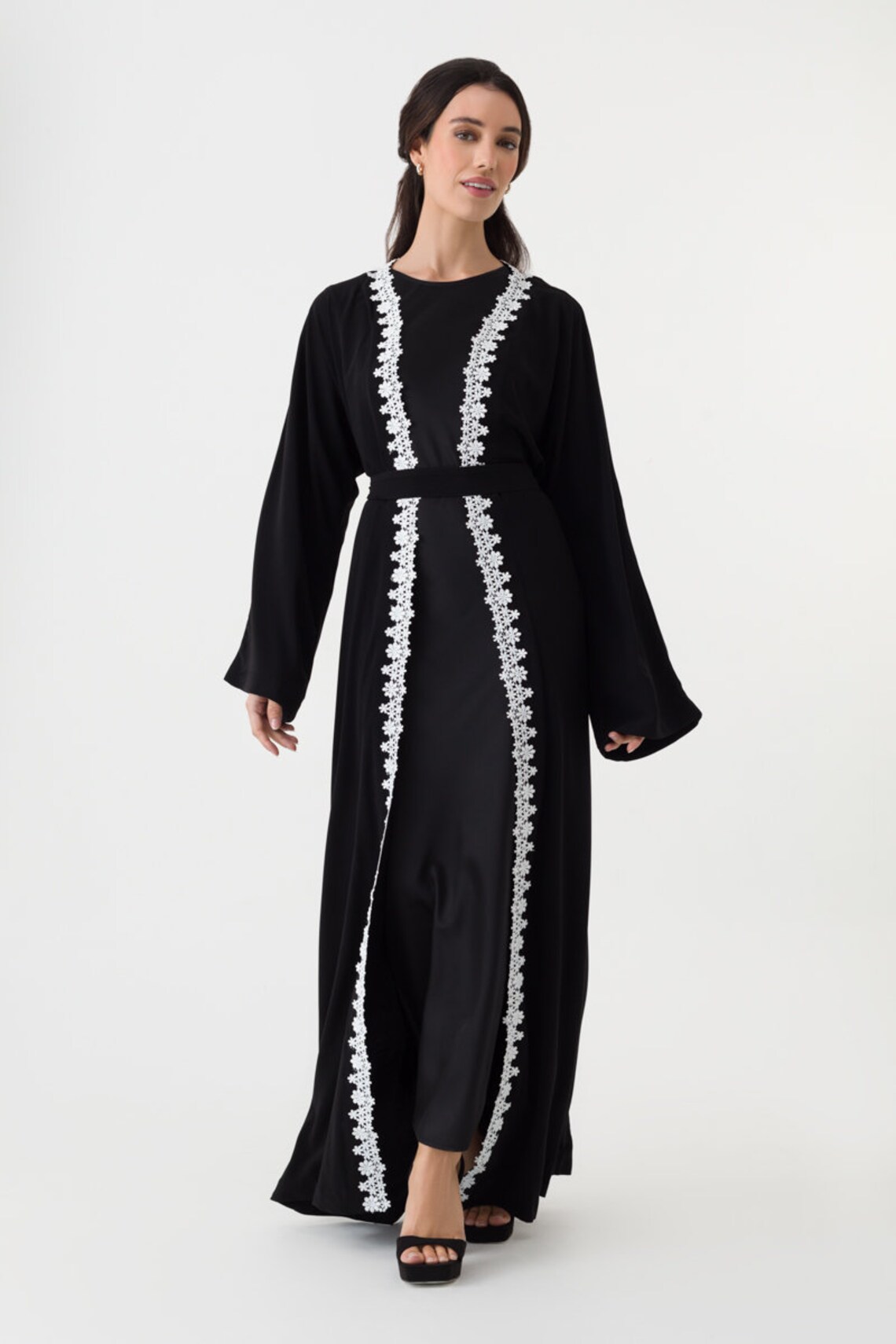 Black fringed open abaya with belt. main image 0