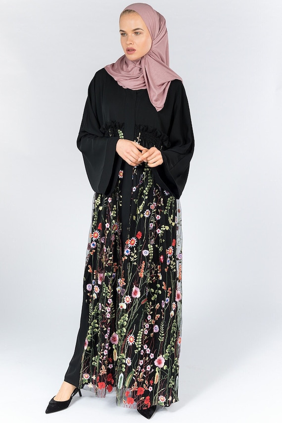 Black Floral Abaya Etsy UK