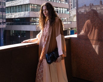Beige Peach Open Abaya Kimono Dress with Belt