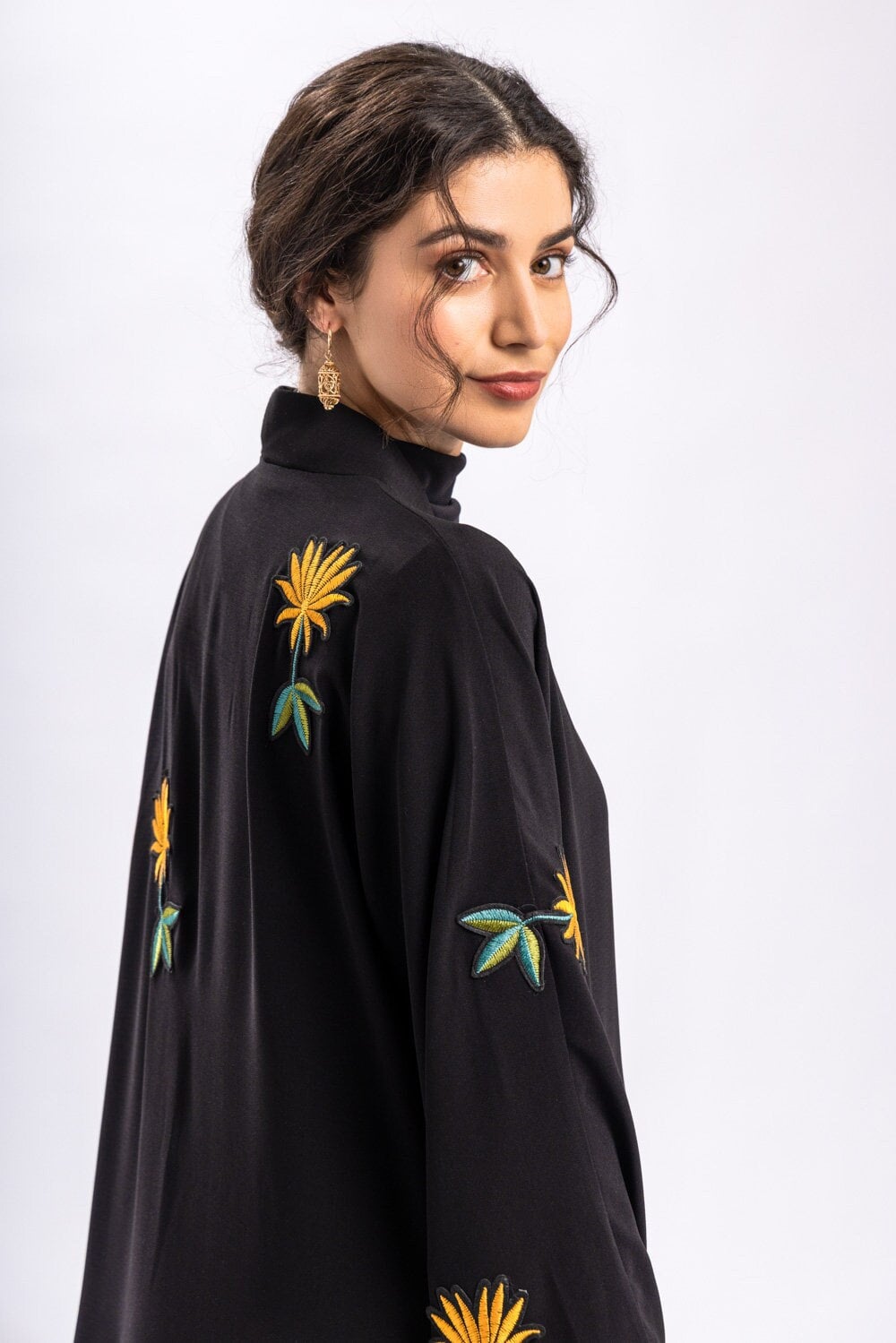 Black Gold Floral Embroidered Open Abaya with Belt