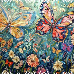 May include: A colorful painting of two butterflies with intricate details, surrounded by flowers and foliage on a blue background.