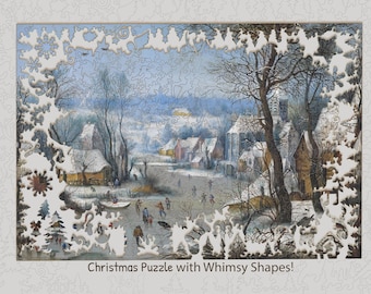 Quebra-cabeças de madeira de inverno para adultos - Paisagem de inverno com patinadores por Pieter Brugel - Presente de Natal - Quebra-cabeça desafiador FA59