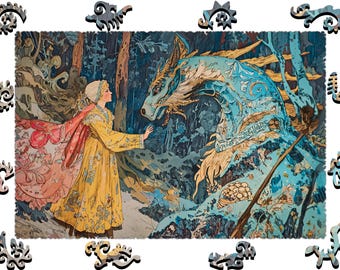 Wooden Jigsaw Puzzles For Adults-Maiden and the Frost Dragon-(250-500 pieces)-Fairytale Puzzle for Kids-Fantasy Gifts-Hard Whimsy Shapes F40