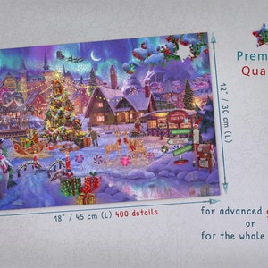 Pode incluir: Um quebra-cabe&ccedil;a de 400 pe&ccedil;as que representa uma cena de uma aldeia de inverno com uma grande &aacute;rvore de Natal, casas cobertas de neve e um rio congelado. O quebra-cabe&ccedil;a mede 45 cm por 30 cm e &eacute; descrito como sendo para jogadores avan&ccedil;ados ou para toda a fam&iacute;lia.