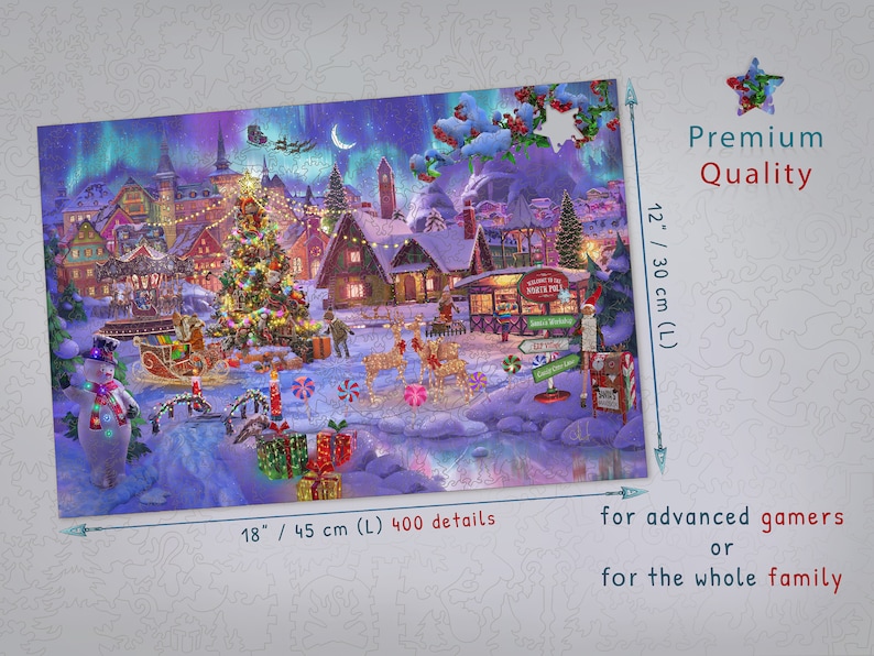 Pode incluir: Um quebra-cabe&ccedil;a de 400 pe&ccedil;as que representa uma cena de uma aldeia de inverno com uma grande &aacute;rvore de Natal, casas cobertas de neve e um rio congelado. O quebra-cabe&ccedil;a mede 45 cm por 30 cm e &eacute; descrito como sendo para jogadores avan&ccedil;ados ou para toda a fam&iacute;lia.