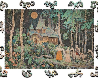 Może przedstawiać: Ukończone puzzle przedstawiające szczegółową ilustrację sceny z bajki. Obraz przedstawia zamek w lesie, z postaciami na koniach i pieszo. Elementy układanki znajdują się na obrzeżach, a na niebie widnieje pełnia księżyca.
