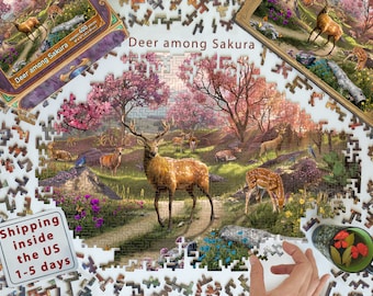 Wooden Jigsaw Puzzle for Adults - Deer Among Sakura Blossom - Wildlife - Japan Forest Garden - Gifts for for mom dad - #009
