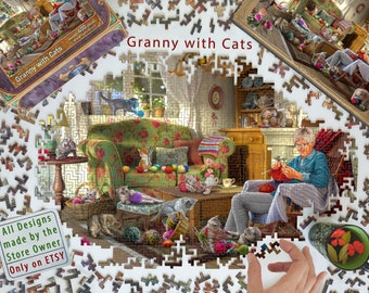 Puzzles en bois pour adultes et enfants – Grand-mère avec des chats, puzzle chat (Puzzle en bois de 200 à 400 pièces) – Saint Valentin – #012