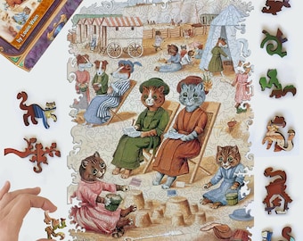 Wooden Jigsaw Puzzles For Adults and Kids - Cats At the Beach, Animal - Summer Puzzle - Gifts for Children -  Ukraine Sellers - FA53
