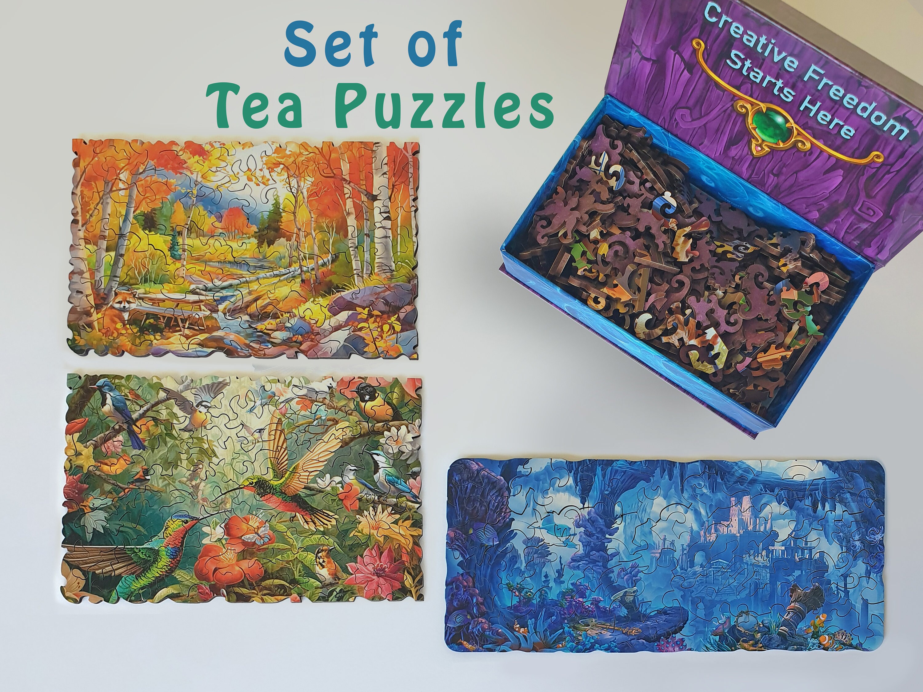 Set of 3 Tea Wooden Puzzles for Kids and Adults (50 pieces each) in the Magic Box - Fantasy Wooden Jigsaw Puzzle - Gifts