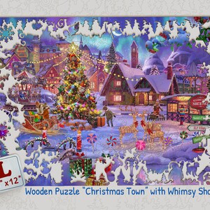 Pode incluir: Um quebra-cabe&ccedil;a de madeira que representa uma cena de cidade natalina de fantasia com uma grande &aacute;rvore de Natal decorada, casas cobertas de neve e um tren&oacute; puxado por renas. O quebra-cabe&ccedil;a mede 45,7 cm por 30,5 cm e apresenta formas &uacute;nicas e caprichosas.