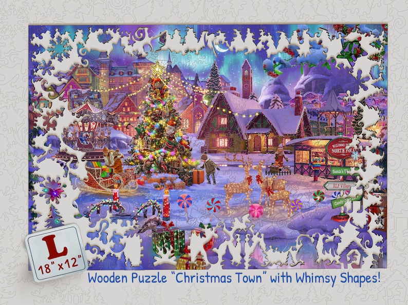 Pode incluir: Um quebra-cabe&ccedil;a de madeira que representa uma cena de cidade natalina de fantasia com uma grande &aacute;rvore de Natal decorada, casas cobertas de neve e um tren&oacute; puxado por renas. O quebra-cabe&ccedil;a mede 45,7 cm por 30,5 cm e apresenta formas &uacute;nicas e caprichosas.