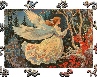 Wooden Jigsaw Puzzles For Adults-Angel Above the Autumn Forest -(250-500 pieces)-Fairytale Puzzle for Kids-Fantasy Gifts - Whimsy Shapes F28