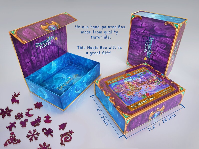 Pode incluir: Uma caixa roxa e dourada com uma cena de inverno na frente. A caixa mede 23 cm por 28,5 cm e diz "Dreamion Puzzles" e "Christmas Town".