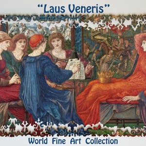 May include: A vintage jigsaw puzzle featuring a painting of five women in a room. The women are wearing colourful robes and are seated around a table. The painting is titled "Laus Veneris" and is part of the World Fine Art Collection.
