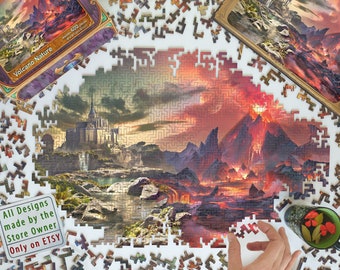Op de afbeelding: Een 400-delige puzzel die een vulkaanuitbarsting met een gloeiende rood-oranje gloed toont. De puzzel is gedeeltelijk voltooid, met enkele ontbrekende stukjes. De doos voor de puzzel is zichtbaar in de linkerbovenhoek, met de titel "Volcano Nature".