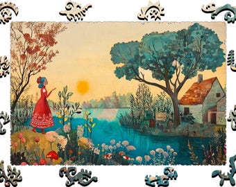 Wooden Jigsaw Puzzles For Adults - Evening by the Dnipro -(250-500 pieces)- Fairytale Puzzle for Kids-Fantasy Gifts-Hard Whimsy Shapes F24