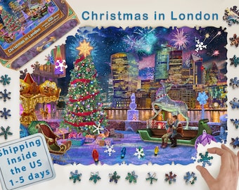 Christmas Wooden Jigsaw Puzzles for Adults - Christmas in London, Holiday in UK (400 pcs) - Christmas Games for Family - Gifts - #046
