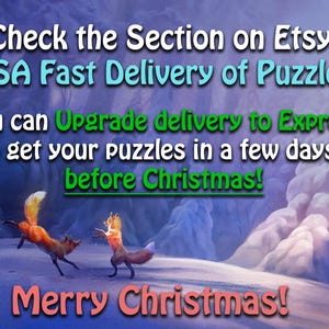 Pode incluir: Uma imagem festiva com duas raposas em uma paisagem nevada. O texto diz "Check the Section on Etsy: "USA Fast Delivery of Puzzles" You can Upgrade delivery to Express to get your puzzles in a few days. before Christmas! Merry Christmas!"