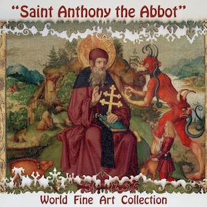 May include: A vintage jigsaw puzzle depicting a religious scene with Saint Anthony the Abbot, a red-robed figure, holding a book and a cross, with a devilish figure in the background. The puzzle is framed with a decorative wooden border and features the text "Saint Anthony the Abbot" and "World Fine Art Collection".