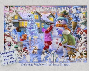Christmas Wooden Jigsaw Puzzles for Adults - Snowman, Children (400 Piece), Christmas gift for family, Holiday activity Board Game #038