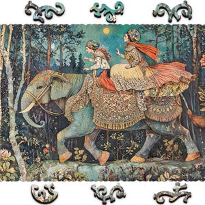 May include: A jigsaw puzzle featuring an illustration of two women riding an elephant through a forest. The elephant is adorned with decorative coverings. The women wear ornate clothing. The puzzle pieces are around the image.