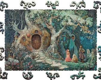 Może przedstawiać: Puzzle przedstawiające szczegółową ilustrację fantazyjnej sceny leśnej. Grafika przedstawia drzewo z drzwiami, kamienną ścieżką i postaciami na pierwszym planie. Elementy układanki mają ozdobną krawędź.