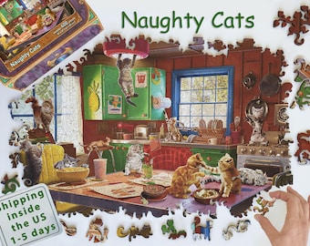 Wooden Jigsaw Puzzles For Adults and Kids - Naughty Cats in the Kitchen, Animal (400 Piece Wooden Jigsaw Puzzle) -Ukraine Sellers - #006