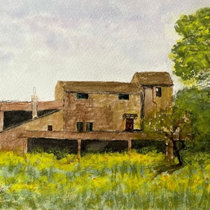 Paesaggio rustico in acquerello - Casa di campagna in primavera (23 x 32 cm)