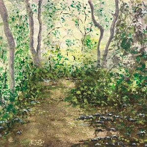 Foresta verde vibrante, arte murale ad acquerello, scena tranquilla della foresta, dipinto appeso in camera da letto