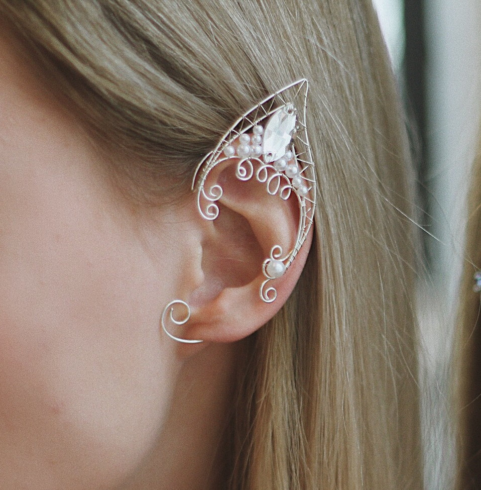 Matrimonio fantasy Orecchino wire argentato con pietre a goccia Cosplay elfo Rhys elfic ear cuff earring Costume elfico Matrimonio fantasy Orecchino wire argentato con pietre a goccia Cosplay elfo Rhys elfic ear cuff earring Costume elfico