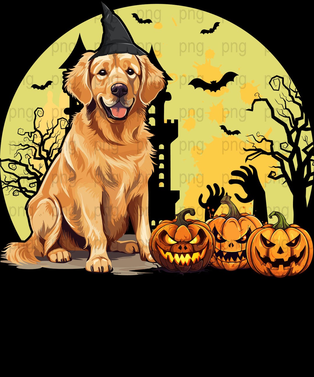 Golden Retriever Halloween Digital Art, Dog With Witch Hat, Pumpkins ...