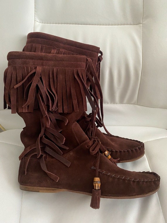 GUCCI Vintage Womens Fringe Flat Boots Brown Sued… - image 3