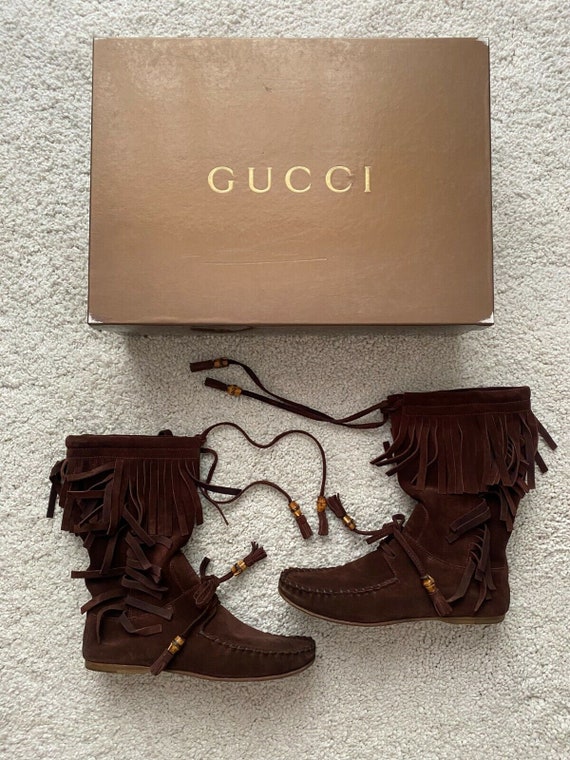 GUCCI Vintage Womens Fringe Flat Boots Brown Sued… - image 6